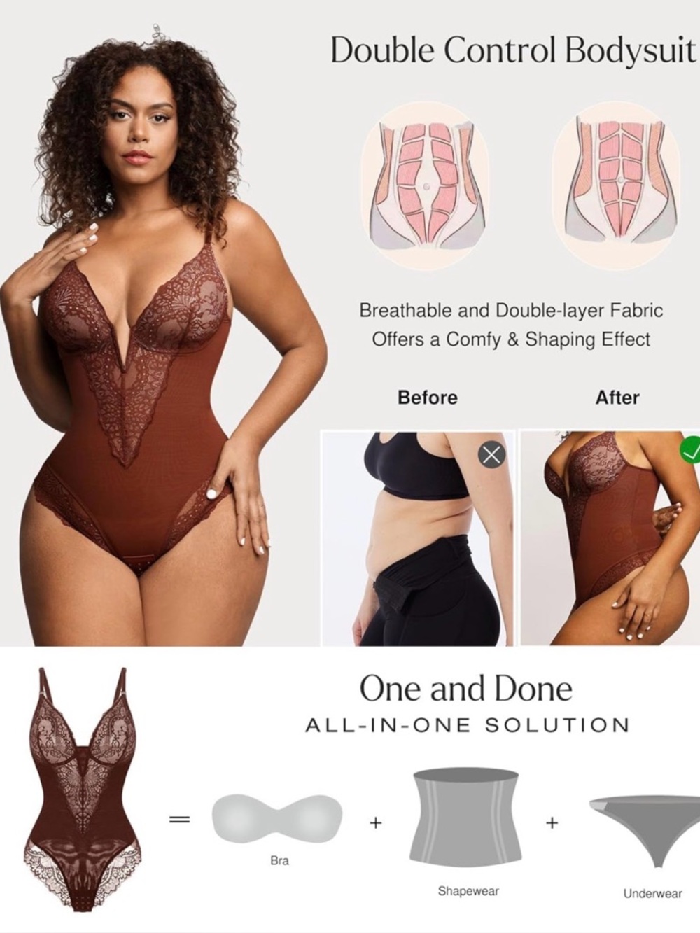 Popilush Shapewear Lace Deep V-Neck Sculpting Thong Bodysuit 3XL in Brown - Picture 5 of 9